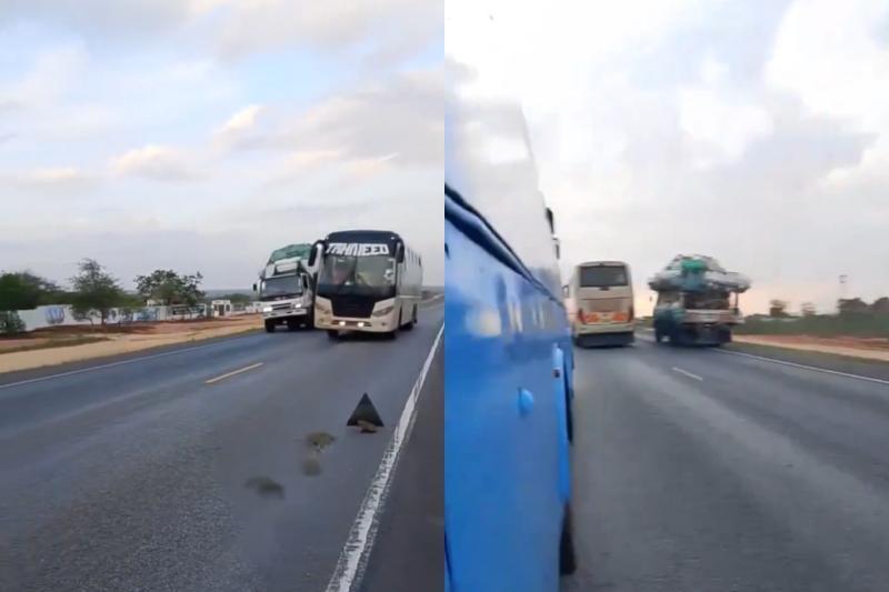 Collage photo of a Tahmeed bus captured being driven recklessly.